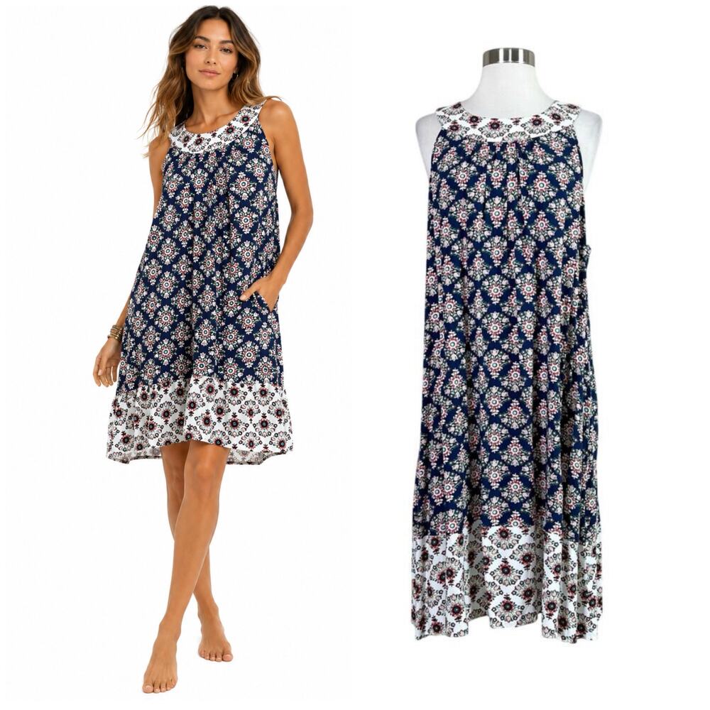 Boden | Floral Tulip Print Sleeveless Navy Blue White Swing Flowy Tank Dress 12
